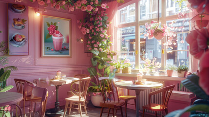 Fototapeta na wymiar A cozy corner cafe with delicate floral decor, serving artisanal pastries and pink lattes, the perfect girly meetup spot bathed in gentle sunlight