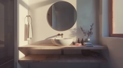 Minimalist Bathroom with Floating Vanity and Round Mirror