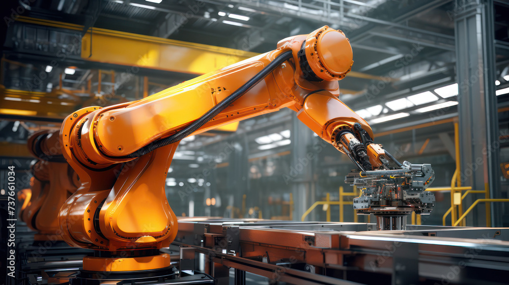 Poster robotic arm automation in a bustling car factory with advanced machinery. 5g technology future indus