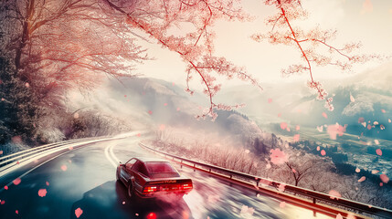A sports car in the style of the 90s drives along a mountain road. Along the way there are cherry blossoms, sunny weather, Ariel view, warm backlight.