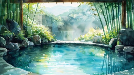 A tranquil watercolor spa scene, with soft pastel hues depicting a serene pool surrounded by lush greenery
