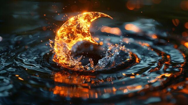 A serene yin-yang symbol made of water and fire, the gentle curve of the water calming the wild flames, a visual representation of balance and interdependence