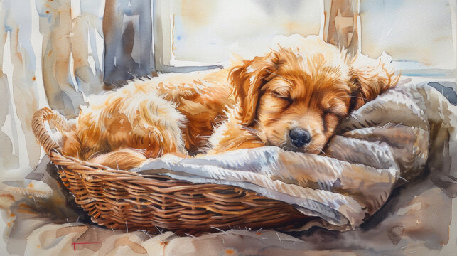 A sleepy puppy curled up in a cozy basket, surrounded by soft blankets