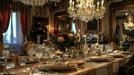 Fototapeta na wymiar An elegant dining room set for a formal dinner, crystal chandeliers casting a warm glow over a table adorned with fine china and silverware, soft classical music filling the air, Photography, 