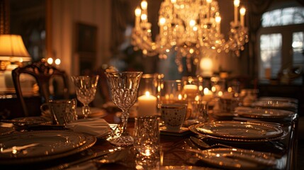 An elegant dining room set for a formal dinner, crystal chandeliers casting a warm glow over a table adorned with fine china and silverware
