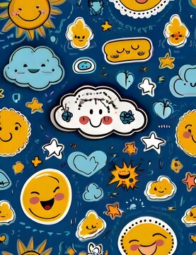 Positive stickers seamless pattern. Good quotes and cute doodle drawings, repeat blue background for cafe wallpaper, prints, creative vector design Generative AI