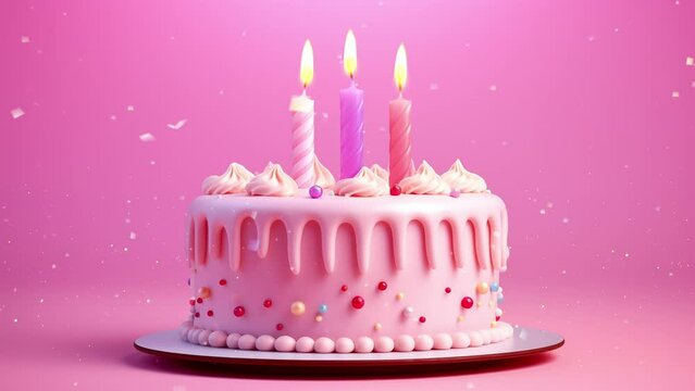 cartoon cake with candles isolated on pink background. seamless looping overlay 4k virtual video animation background 