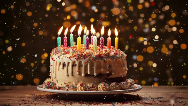 cake birthday cake with candles for 40th birthday. cake with candles and blurred confetti background. seamless looping overlay 4k virtual video animation background 