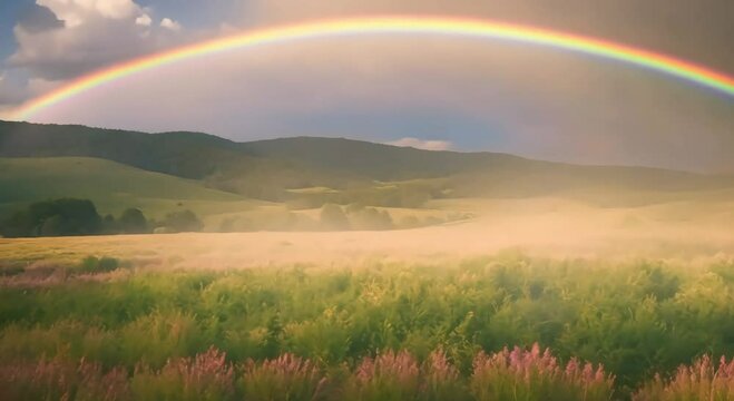 rainbow descended from the sky above the vast forest