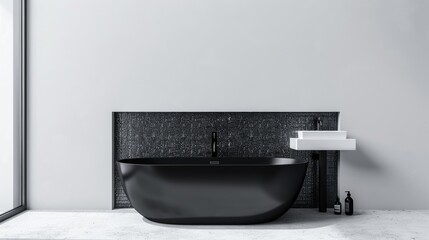 Sleek Monochromatic Bathroom with Black Bathtub AI Generated.