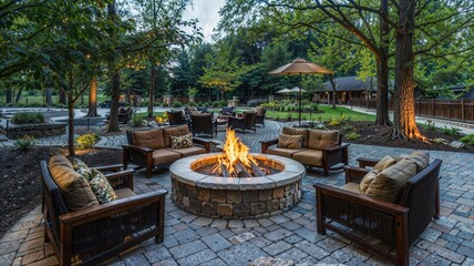 Outdoor Fire Pit with Seating in a Garden at Dusk
