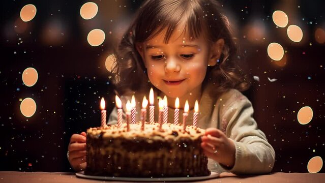  little girl blows out the candles on the cake birthday. child with cake. seamless looping overlay 4k virtual video animation background 