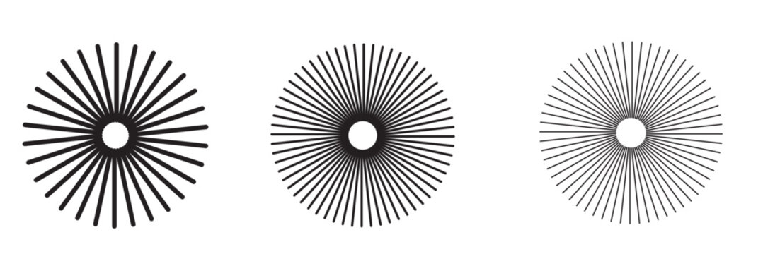 Radial circle lines. Circular radiating lines geometric element. Sun star rays symbol. Abstract geometric shapes. Design element. Vector illustration isolated on white background