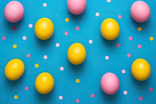 Colorful easter eggs with dots on blue background. Happy Easter concept. Simple spring pattern for greeting card, banner, poster. Top view, flat lay