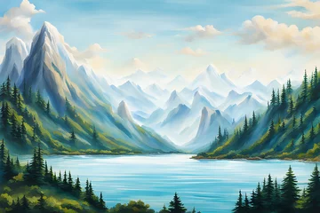 Küchenrückwand glas motiv landscape with lake and mountains, generative AI © 근영 이