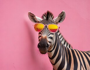 Creative zebra wearing yellow glasses against a pink wall background. Close-up portrait. bright and contrasting colors. Banner, posters and cards. Copy space