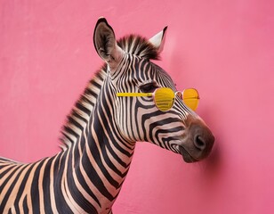 Creative zebra wearing yellow glasses against a pink wall background. Close-up portrait. bright and contrasting colors. Banner, posters and cards. Copy space