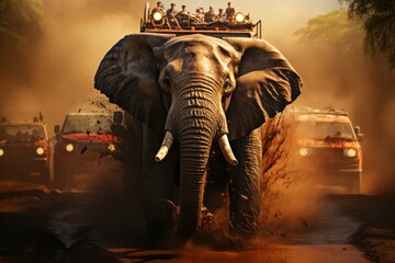 Elephant strolls beside cars on dirt road, blending into natural landscape - obrazy, fototapety, plakaty