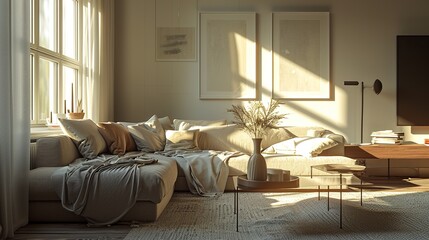Scandinavian minimalism , interior design of modern elegant living room 