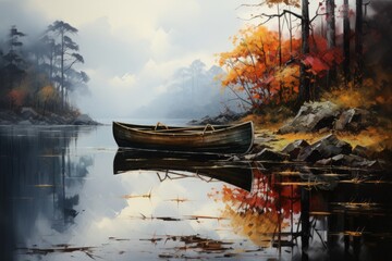a painting of a canoe floating on top of a lake surrounded by trees