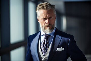 Fashion-forward executive donning a silver and blue ascot tie, standing in a sunlit modern business environment - obrazy, fototapety, plakaty
