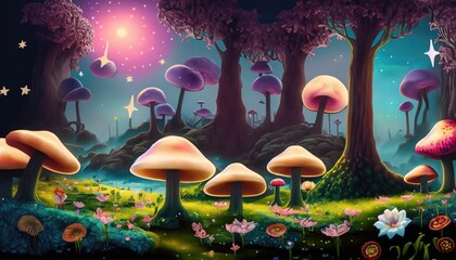 fantastic wonderland landscape with mushrooms, beautiful lilies flowers, and stars - obrazy, fototapety, plakaty