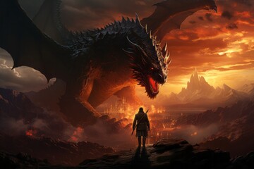 a man is standing in front of a large dragon - obrazy, fototapety, plakaty
