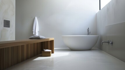 Fototapeta na wymiar Serene Minimalist Bathroom with Freestanding Tub and Wooden Bench AI Generated.