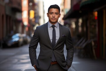 Confident Latino young adult male in a stylish charcoal blazer, making the city streets his runway