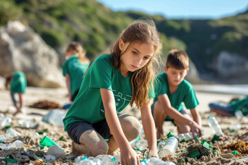 Young girl on a beach holding a plastic bag engaging in coastal cleanup with bag of collected waste, Love the Earth, environmental responsibility, education, ecological conservation, earth day - obrazy, fototapety, plakaty