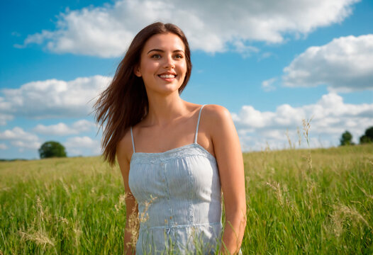 Portrait of a beautiful young woman in the field on a sunny day