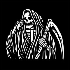 vector illustration artwork of grim reaper skull skeleton pick up the phone with scythe - obrazy, fototapety, plakaty
