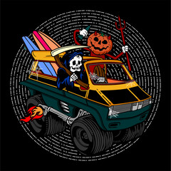 vector illustration artwork of grim reaper and pumpkin evil driving car van go to surfing