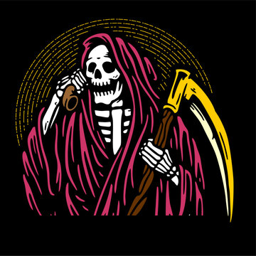 vector illustration artwork of grim reaper skull skeleton pick up the phone with scythe