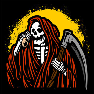 vector illustration artwork of grim reaper skull skeleton pick up the phone with scythe