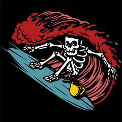 vector illustration artwork of skull skeleton surf at big wave with a cup coffee.
