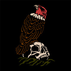 vector illustration artwork of eagle falcon stand at skull head.