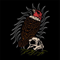 Fototapeta premium vector illustration artwork of eagle falcon stand at skull head.