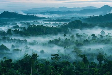 A lush rainforest landscape enveloped in fog captures the mystery and vastness of nature. this image embodies the themes of conservation Climate change And the importance of preserving natural habitat
