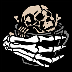 vector illustration artwork of skull skeleton hand bring glass skull head