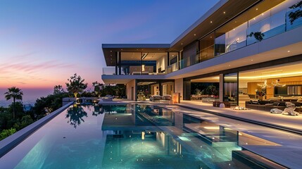 Impressive modern mansion with pool at dusk - obrazy, fototapety, plakaty