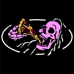vector illustration artwork of grim reaper skull skeleton eating pizza slice.