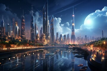 a futuristic city at night with a river in the foreground and a full moon in the background