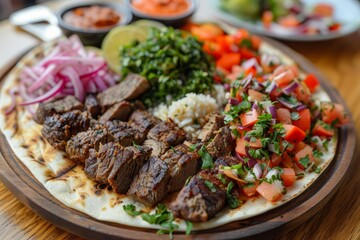 Authentic shawarma plate Gourmet street food Fresh ingredients Wooden presentation Culinary delight Middle eastern cuisine