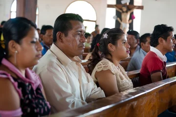 Fotobehang Group of People Sitting in a Mexican Church. Generative AI. © Lukasz Czajkowski