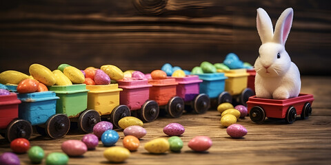 Colorful plastic toy train transport bright colure easter eggs on railway track on grass. Concept of childhood, play, travel and easter holidays. - obrazy, fototapety, plakaty