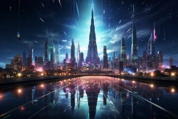 Fototapeta na wymiar a futuristic city at night with a bridge over a body of water