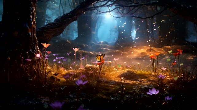 Beautiful forest with fairy tale scene, animated virtual repeating seamless 4k	
