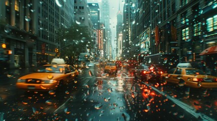 Photograph of busy city street, taken at dusk on a rainy day, water beading on glass, camera focus on window. AI generative