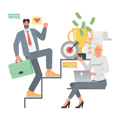 Business work promotion illustration concept. Office man and woman character vector design. Business people working in office planning, thinking and economic analysis on isolated white background.